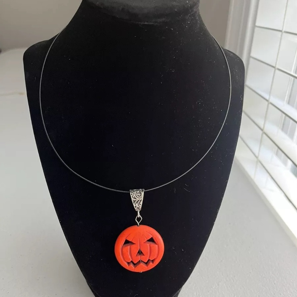 Pumpkin Jack-O-Lantern Charm Necklace Halloween Slider Pendant Black Wire